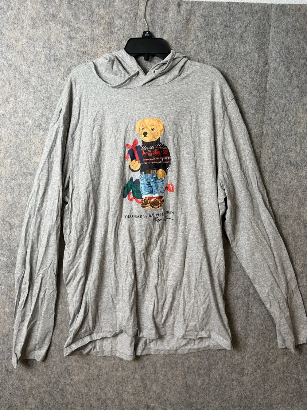 Polo Ralph Lauren Mens XL Hoodie Shirt Gray Polo Bear Graphic Holiday